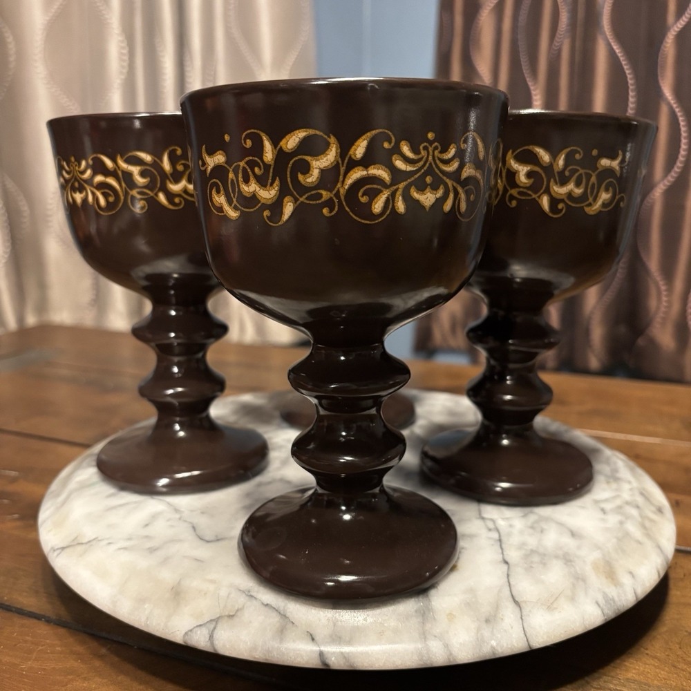 4pc VTG 1970s Franciscan Jamoca Earthenware Pottery 6.5"Cup Goblet 10oz Glass